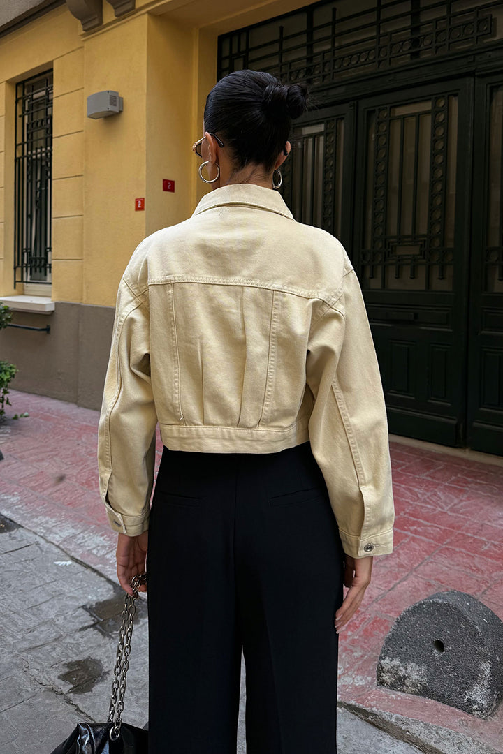 Beige Double Pocket Denim Crop Jacket BCDF-255419 - Salaberry-de-Valleyfield