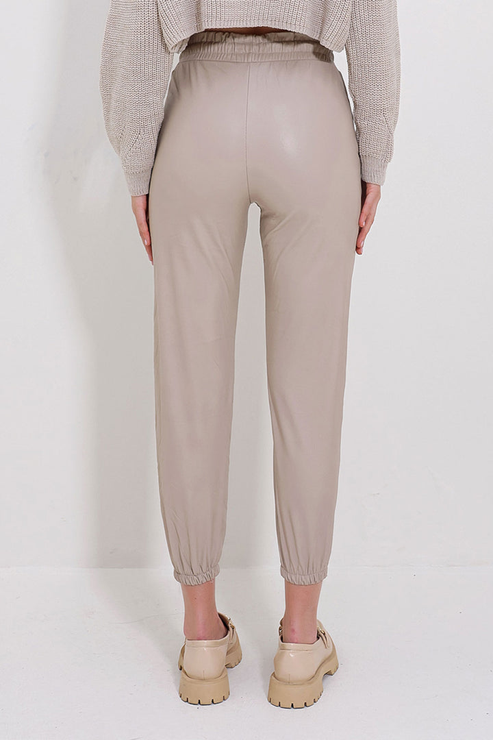 Bej Çift Cepli Bel Ve Bilek Lastikli İçi Şardonlu Casual Suni Deri Pantolon BCHYL-251226 - Taunton
