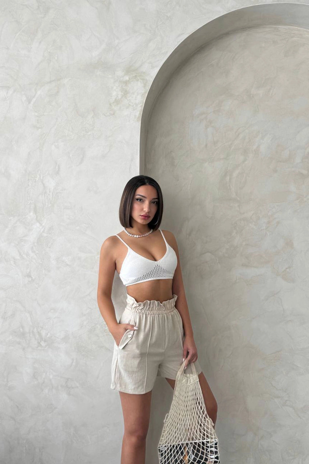 Beige Double Pocket High Waist Ruffled Front Linen Shorts BCHN-2525834 - Kramatorsk