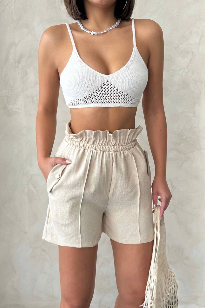 Beige Double Pocket High Waist Ruffled Front Linen Shorts BCHN-2525834 - Kramatorsk