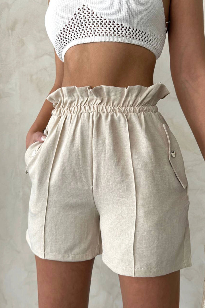 Beige Double Pocket High Waist Ruffled Front Linen Shorts BCHN-2525834 - Kramatorsk