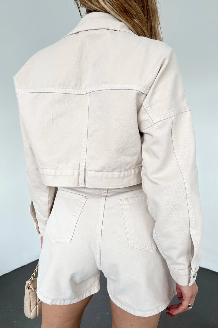 Beige Double Pocket Zip Washed Crop Denim Jacket BCDF-235410 - Clamart
