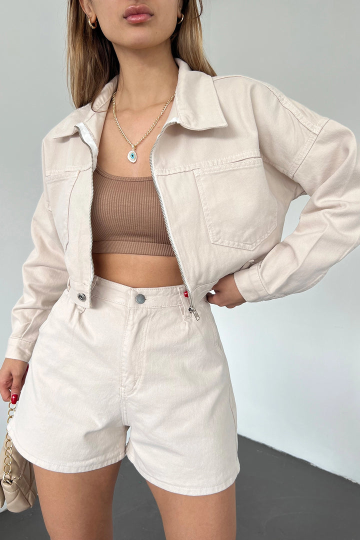 Beige Double Pocket Zip Washed Crop Denim Jacket BCDF-235410 - Clamart