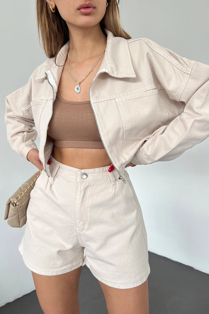 Beige Double Pocket Zip Washed Crop Denim Jacket BCDF-235410 - Clamart