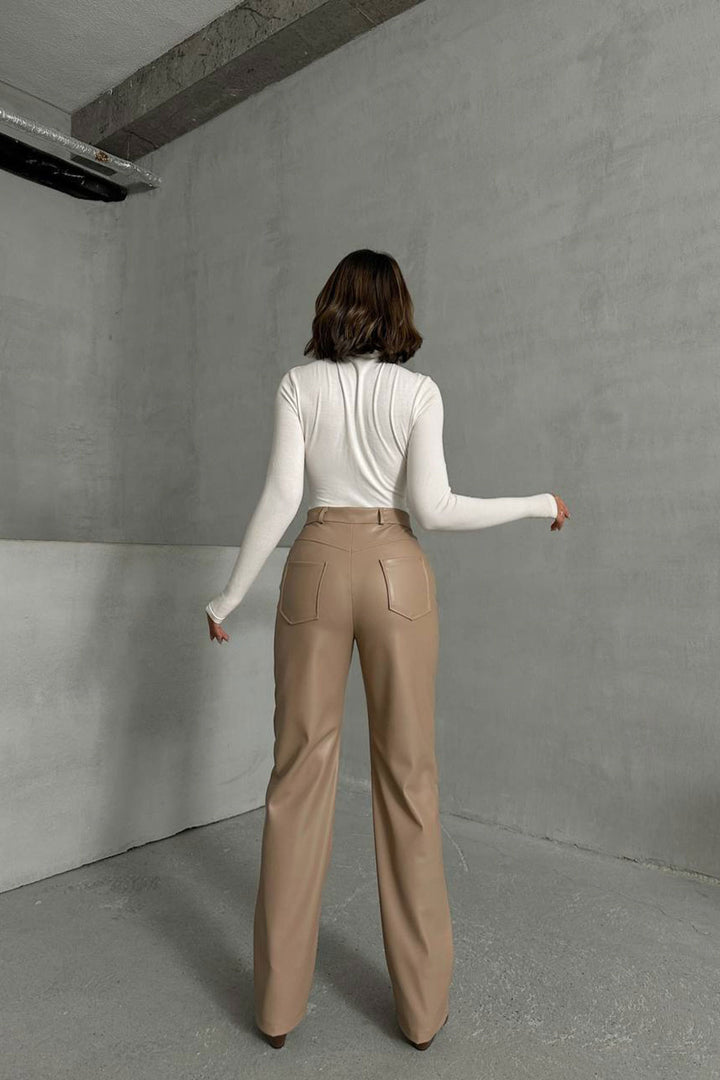 Beige Double Pocket Slim Fit Faux Leather Pants BCHN-25267542 - Shoreline