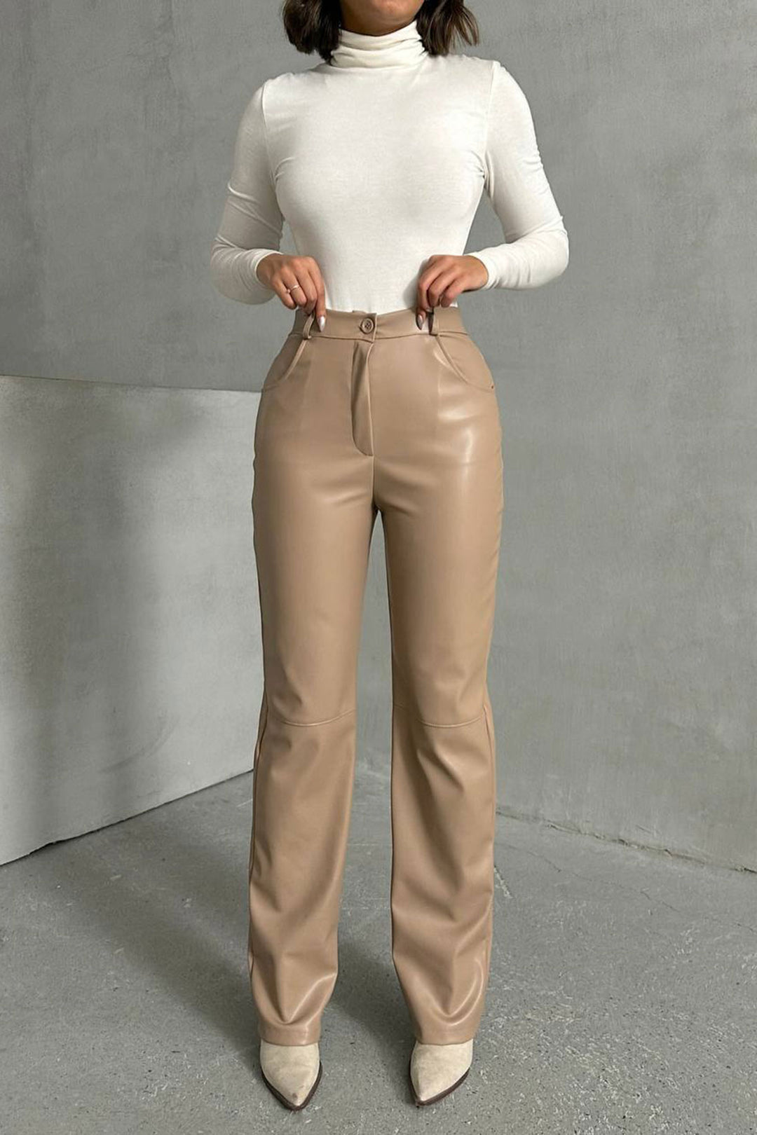 Beige Double Pocket Slim Fit Faux Leather Pants BCHN-25267542 - Shoreline