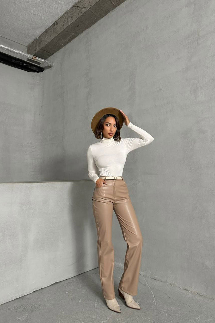 Beige Double Pocket Slim Fit Faux Leather Pants BCHN-25267542 - Shoreline