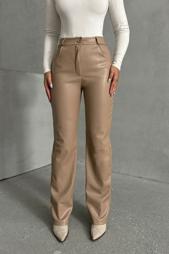 Beige Double Pocket Slim Fit Faux Leather Pants BCHN-25267542 - Shoreline