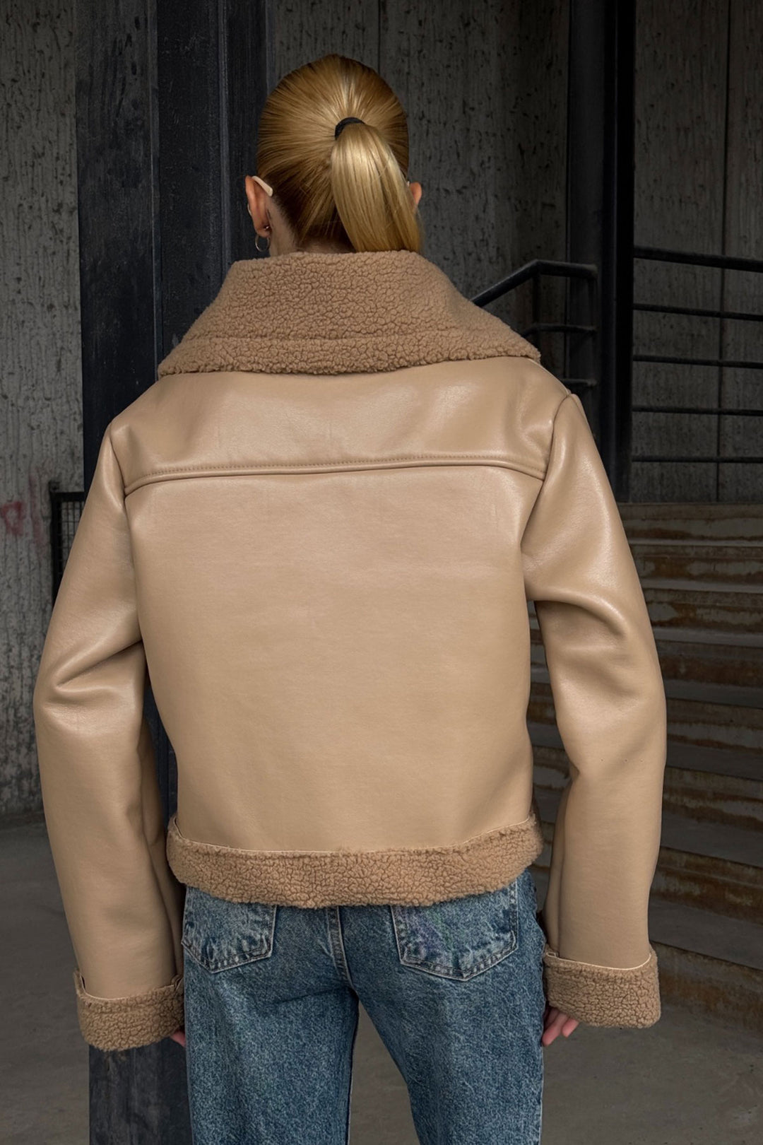 Beige Double Pocket Faux Fur Lined Faux Leather Biker Jacket BCVL-25V700 - Caltanissetta