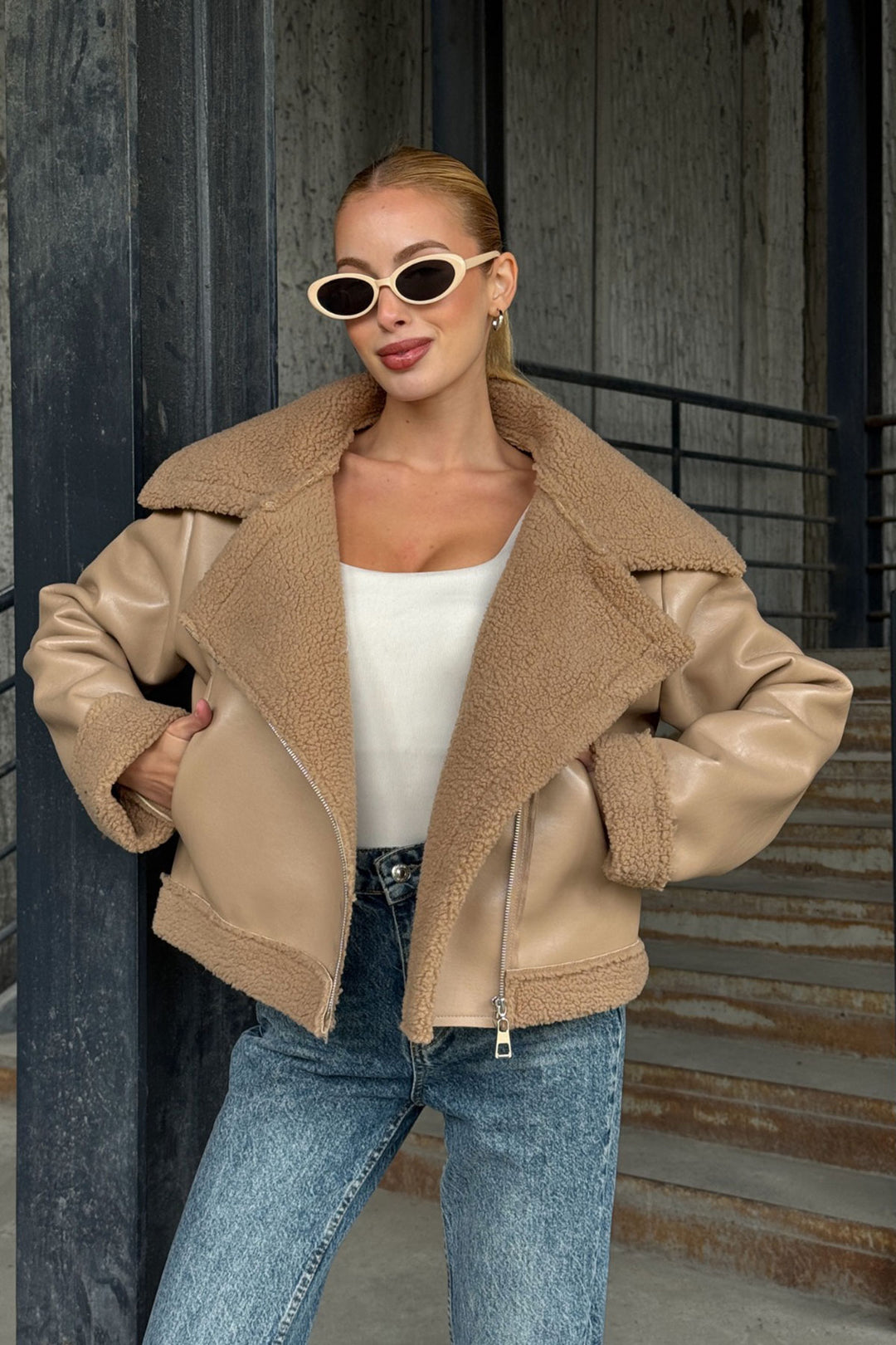 Beige Double Pocket Faux Fur Lined Faux Leather Biker Jacket BCVL-25V700 - Caltanissetta