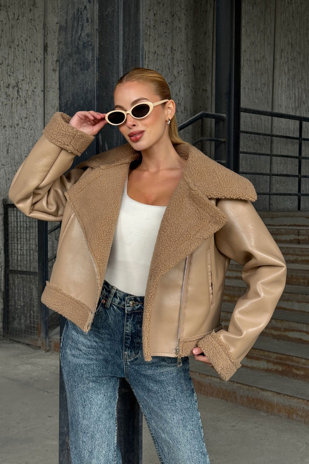 Beige Double Pocket Faux Fur Lined Faux Leather Biker Jacket BCVL-25V700 - Caltanissetta