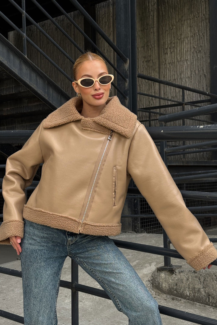Beige Double Pocket Faux Fur Lined Faux Leather Biker Jacket BCVL-25V700 - Caltanissetta