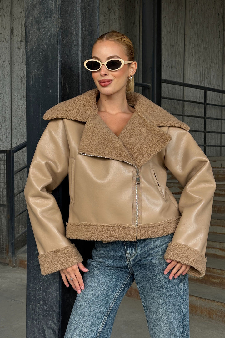 Beige Double Pocket Faux Fur Lined Faux Leather Biker Jacket BCVL-25V700 - Caltanissetta