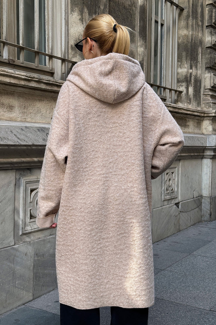 Beige Double Pocket Hooded Long Winter Boucle Jacket BCVL-25V221 - Rochester
