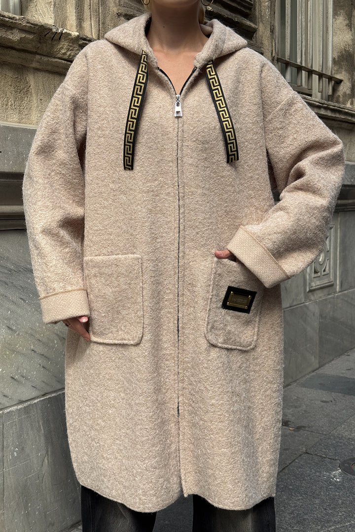 Beige Double Pocket Hooded Long Winter Boucle Jacket BCVL-25V221 - Rochester