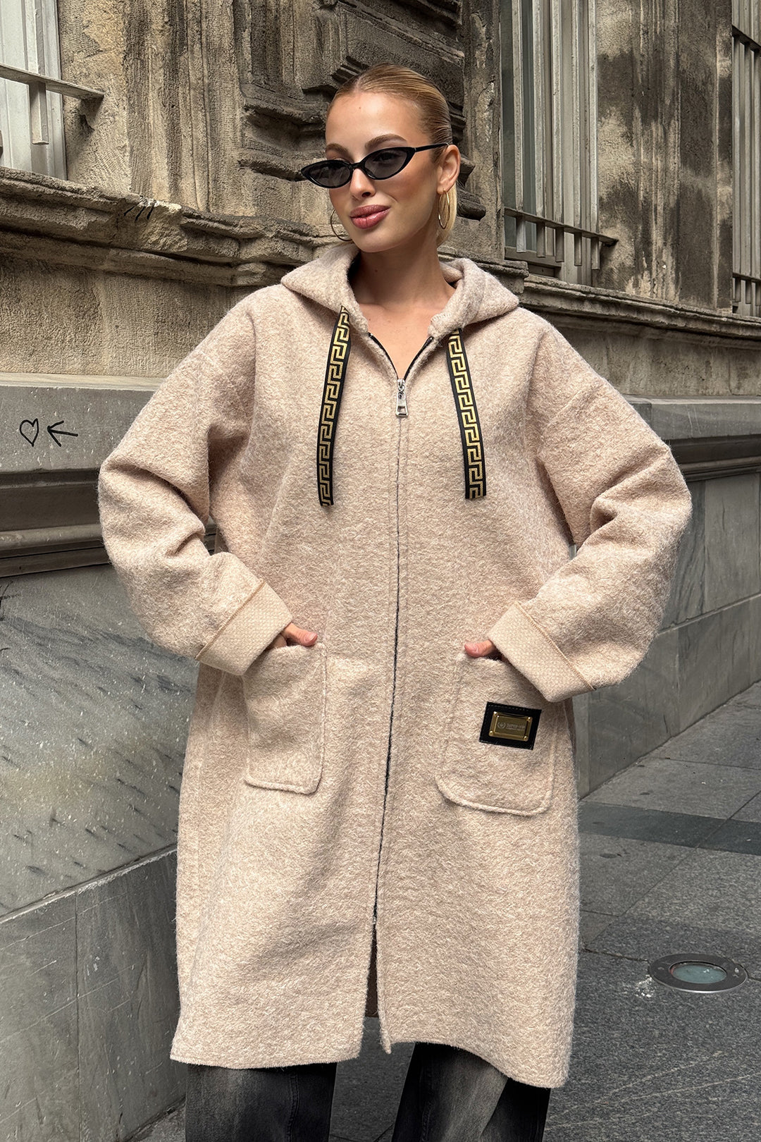 Beige Double Pocket Hooded Long Winter Boucle Jacket BCVL-25V221 - Rochester