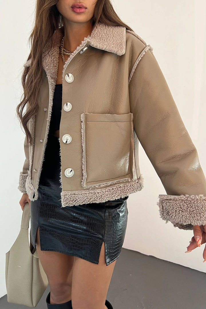 Beige Double Pocket Faux Fur Detailed Leather Jacket BCDF-255504 - Myrhorod