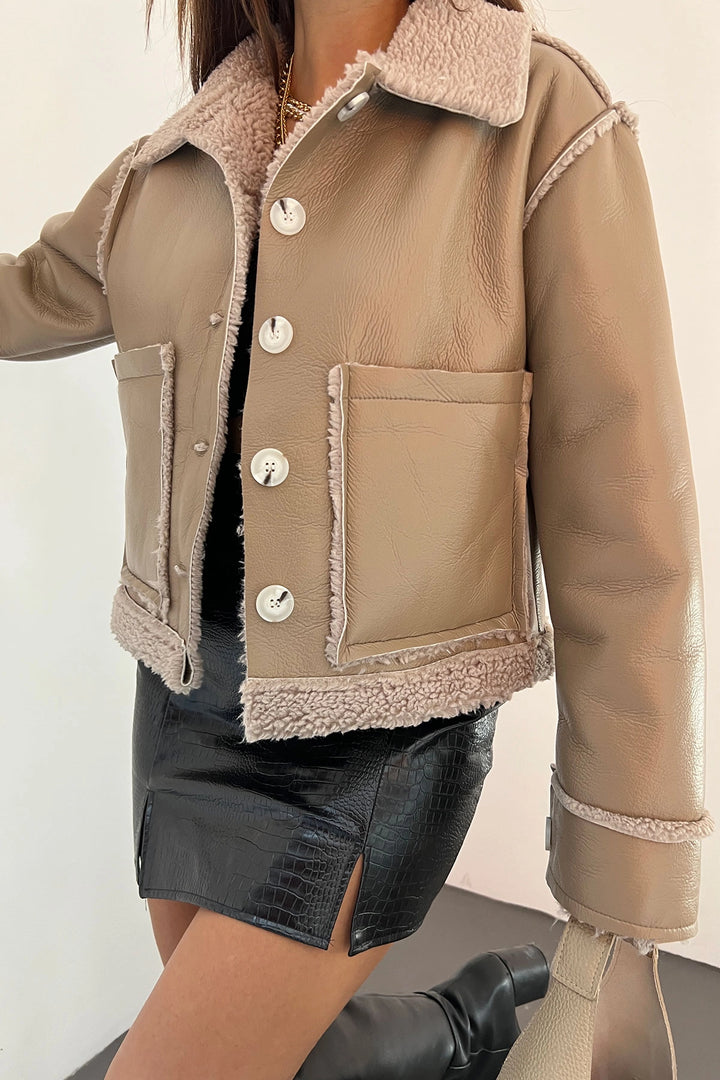 Beige Double Pocket Faux Fur Detailed Leather Jacket BCDF-255504 - Myrhorod