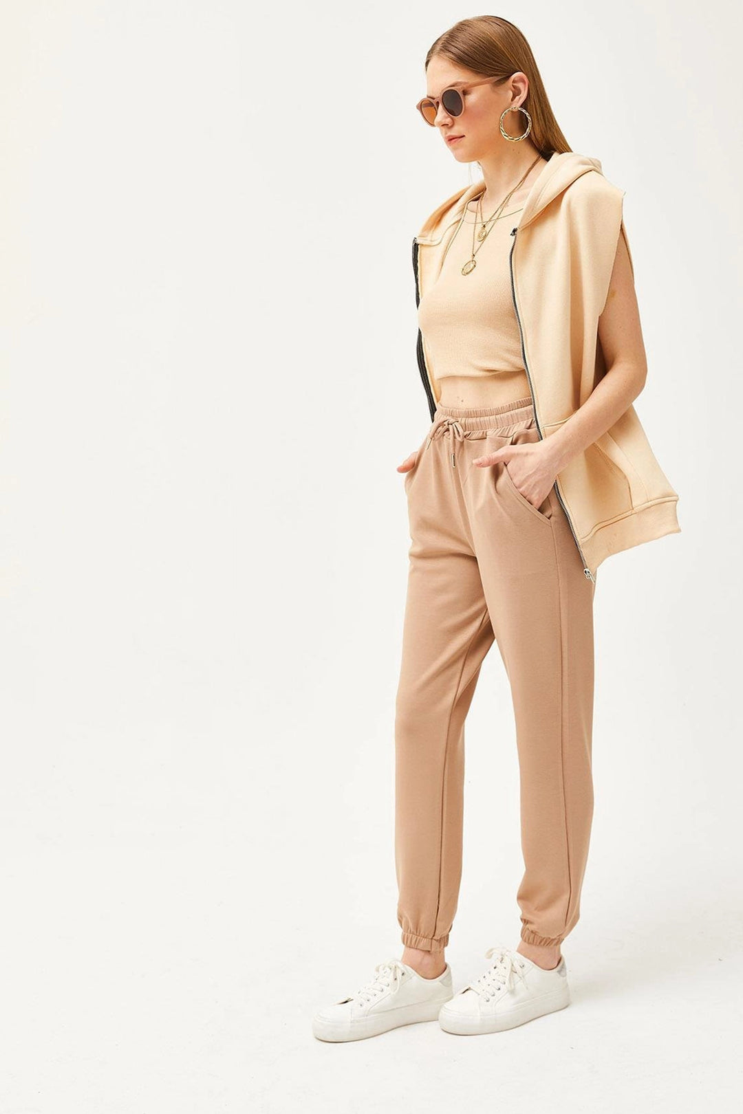 Beige Double Pocket Soft Textured Modal Cuffed Jogger Sweatpants BC241146 - Darwin