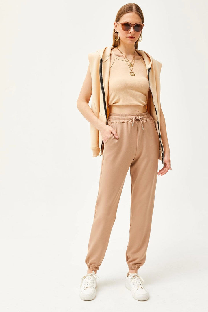Beige Double Pocket Soft Textured Modal Cuffed Jogger Sweatpants BC241146 - Darwin