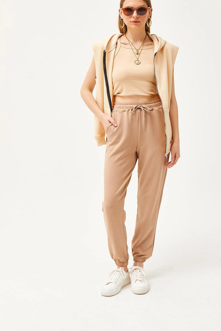 Beige Double Pocket Soft Textured Modal Cuffed Jogger Sweatpants BC241146 - Darwin