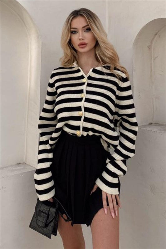 MDX Beige Striped Bicycle Collar Gold Button Detailed Cotton Cardigan MG1605 - Salaberry-de-Valleyfield