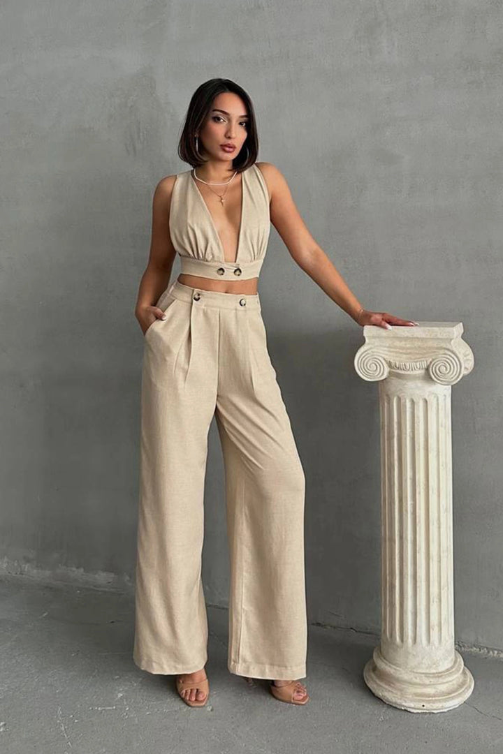 Beige Crop Top with Decollete and Linen Woven Pants Set BCHN-25255012 - La Quinta