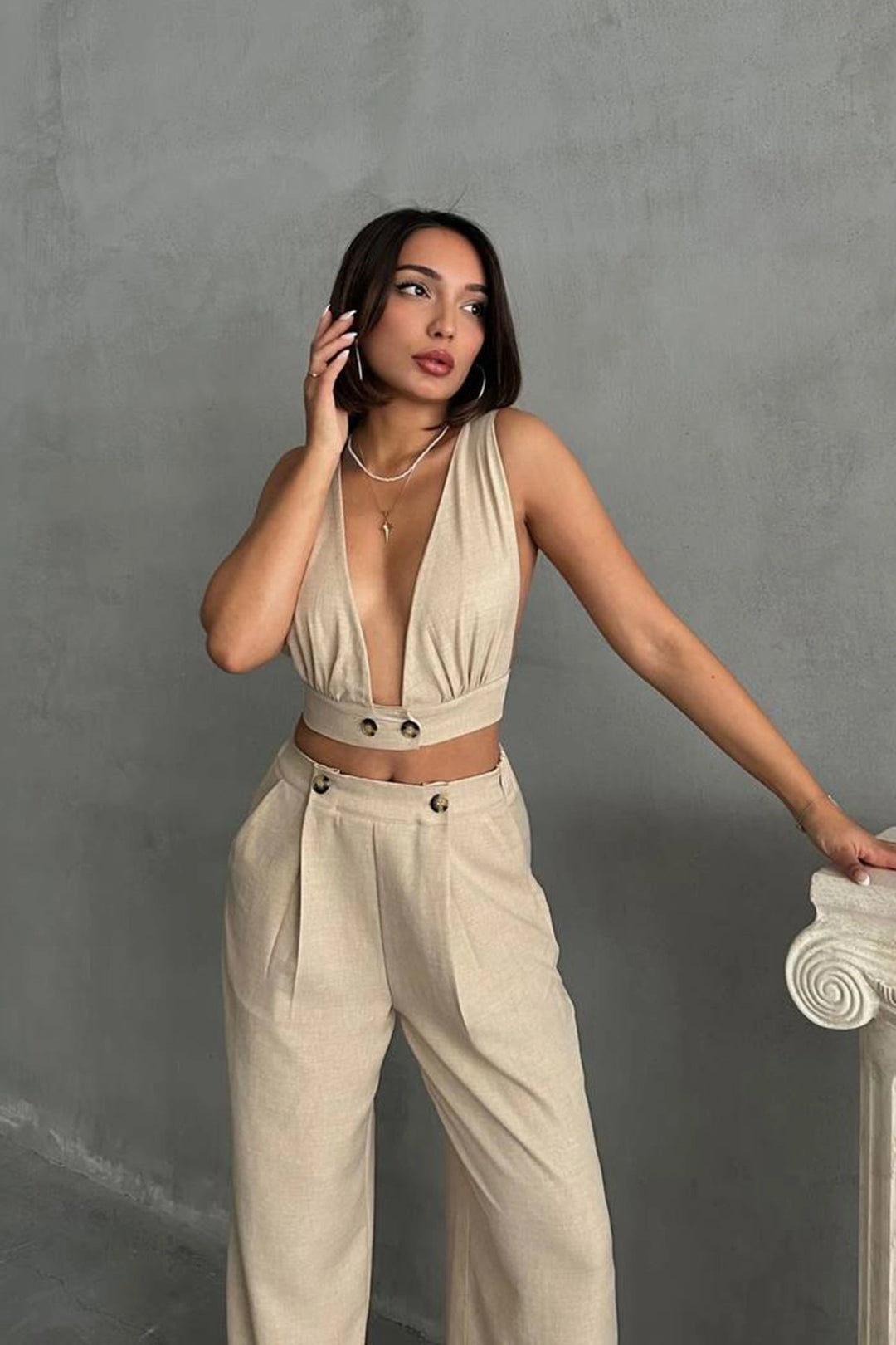 Beige Crop Top with Decollete and Linen Woven Pants Set BCHN-25255012 - La Quinta