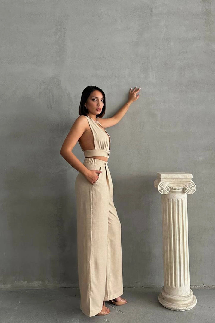 Beige Crop Top with Decollete and Linen Woven Pants Set BCHN-25255012 - La Quinta