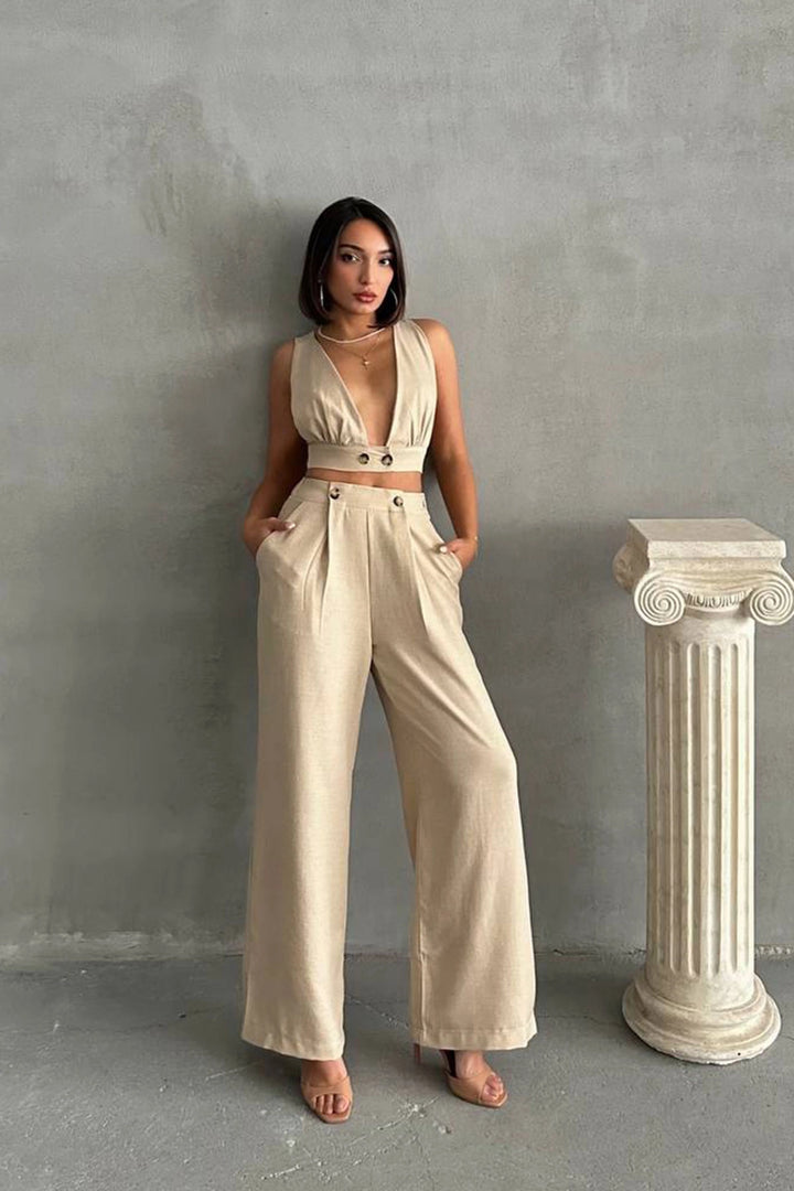 Beige Crop Top with Decollete and Linen Woven Pants Set BCHN-25255012 - La Quinta