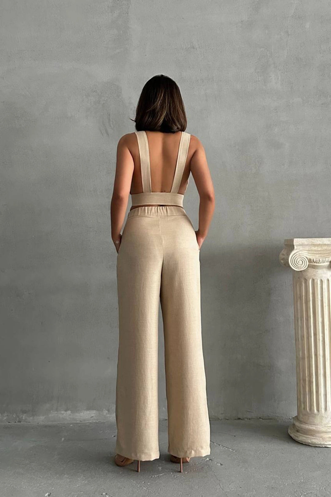 Beige Crop Top with Decollete and Linen Woven Pants Set BCHN-25255012 - La Quinta