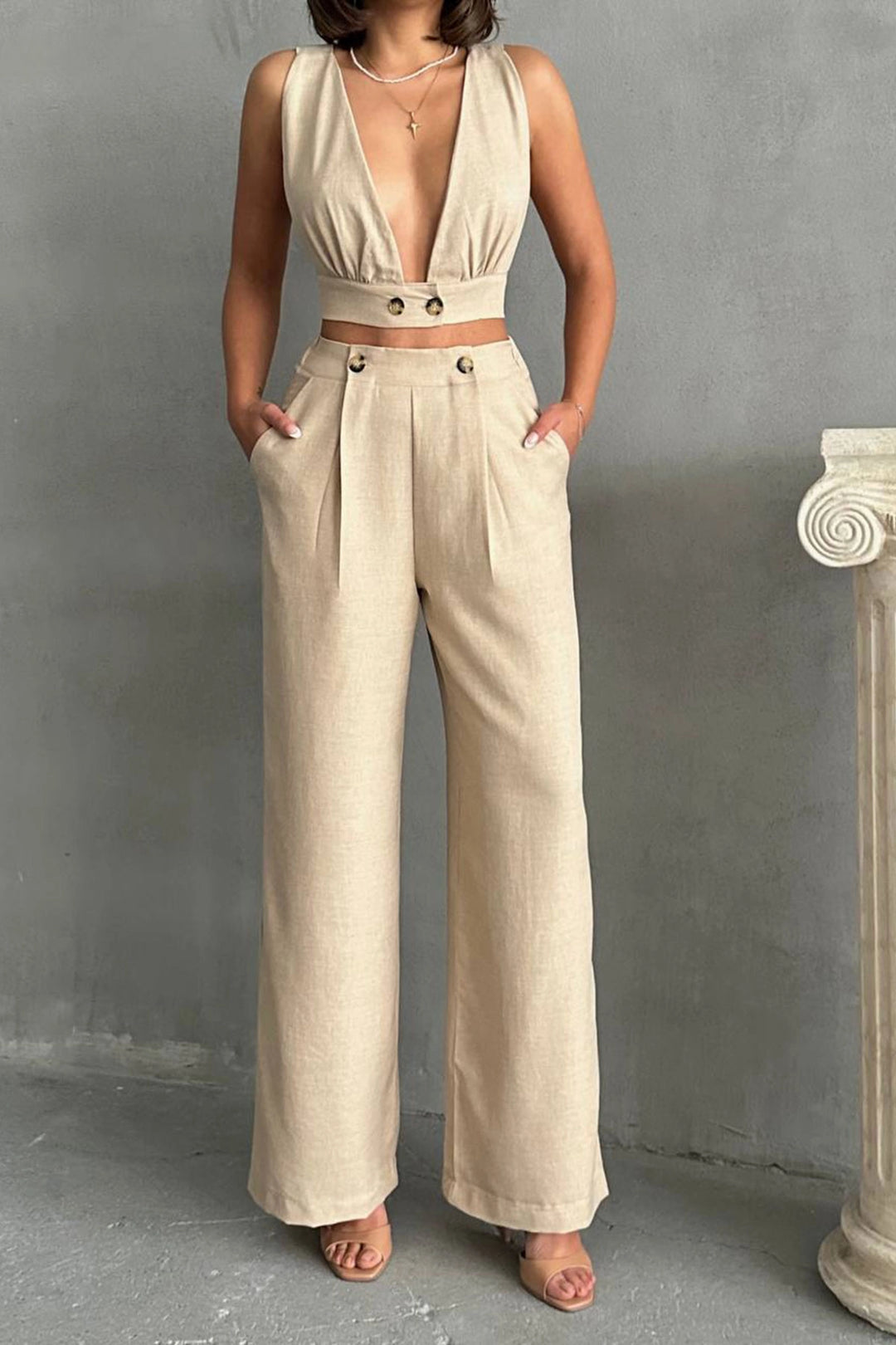 Beige Crop Top with Decollete and Linen Woven Pants Set BCHN-25255012 - La Quinta