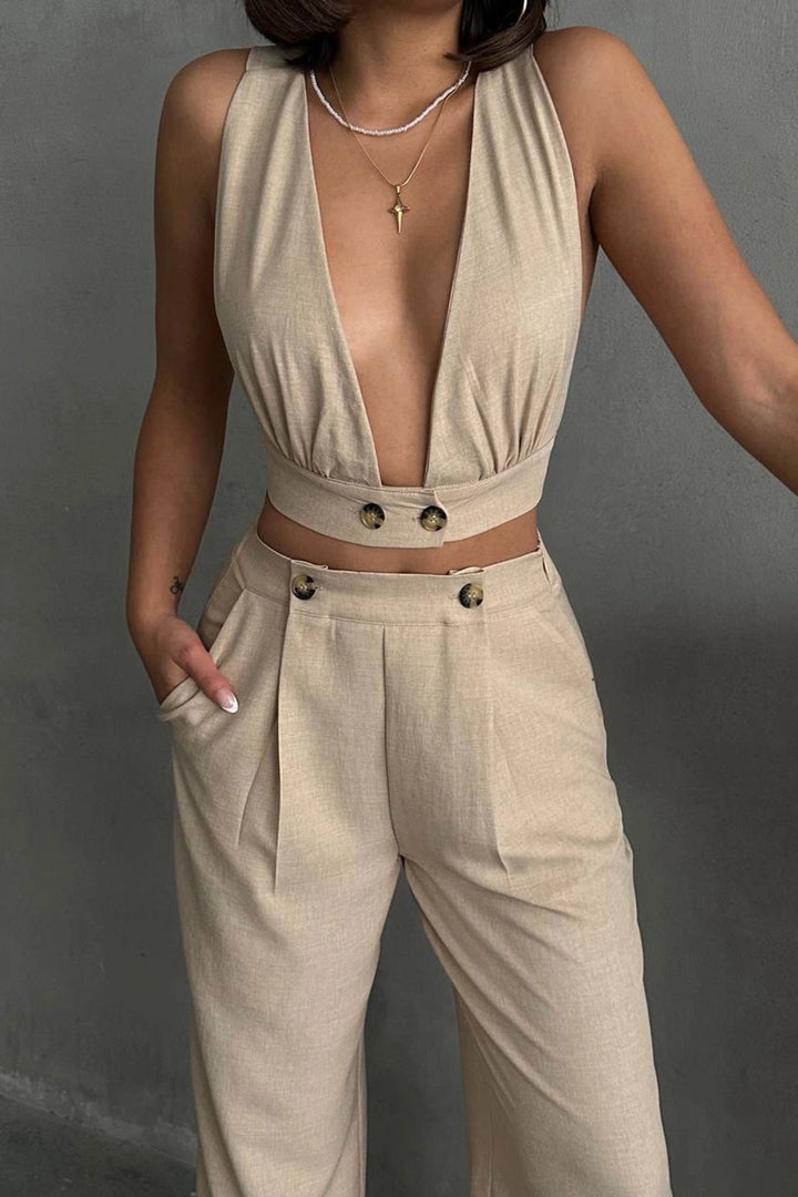 Beige Crop Top with Decollete and Linen Woven Pants Set BCHN-25255012 - La Quinta