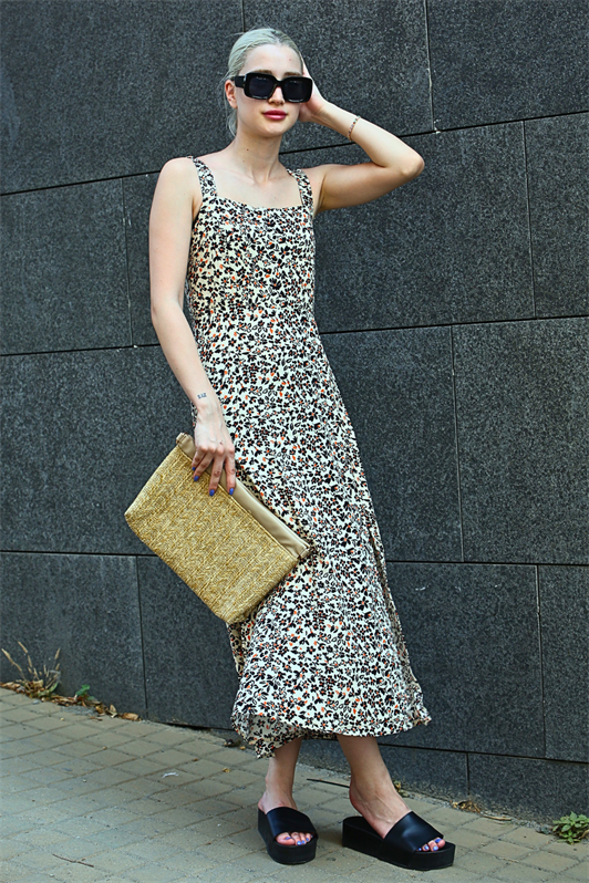 MDX Beige Patterned Slit Long Dress MG1868 - Kettering