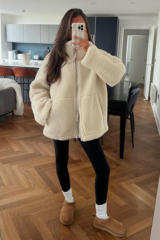 MDX Beige Teddy Collar Pocket Plush Coat MG1966 - Lutsk