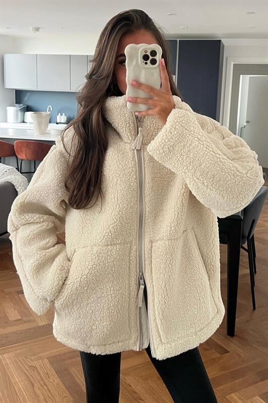 MDX Beige Teddy Collar Pocket Plush Coat MG1966 - Lutsk