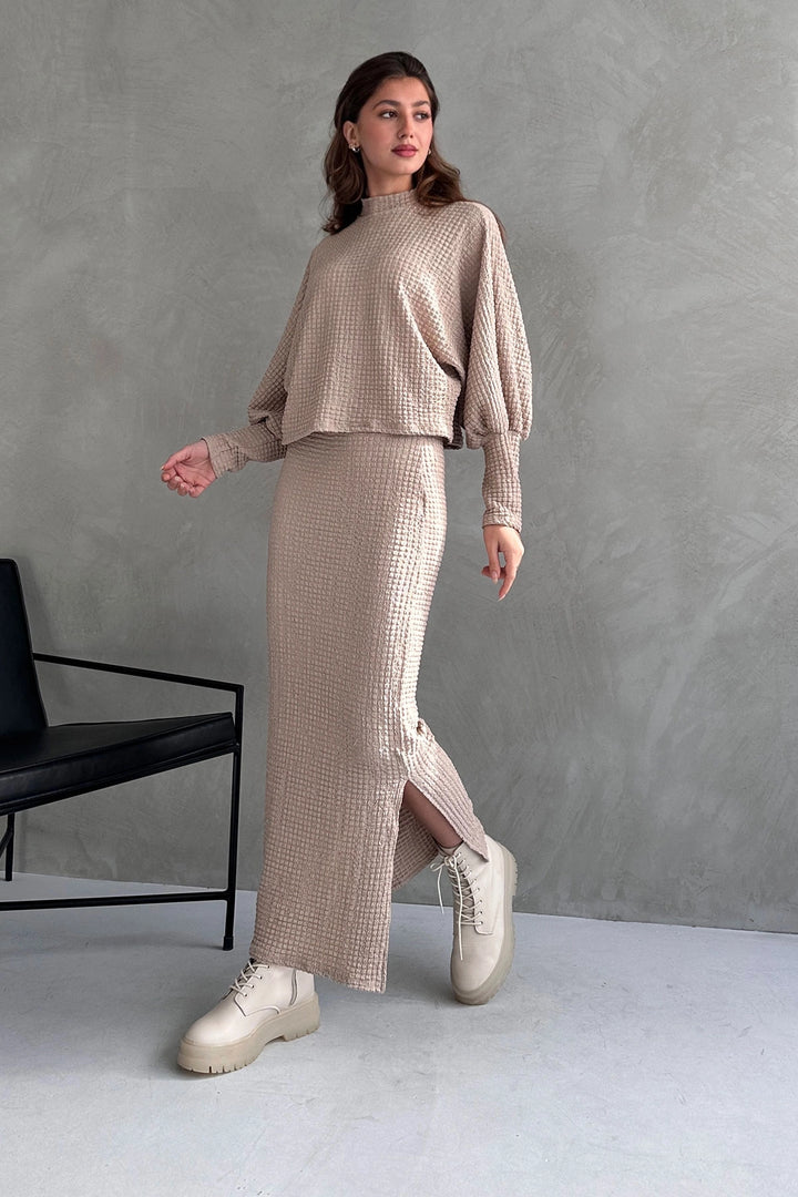 Beige Textured Slit Detailed Skirt and Blouse 2 Piece Set BCDF-242121 - Nocera Inferiore