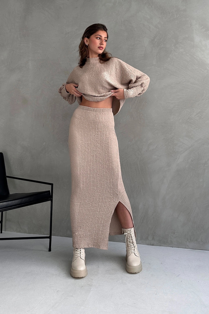 Beige Textured Slit Detailed Skirt and Blouse 2 Piece Set BCDF-242121 - Nocera Inferiore