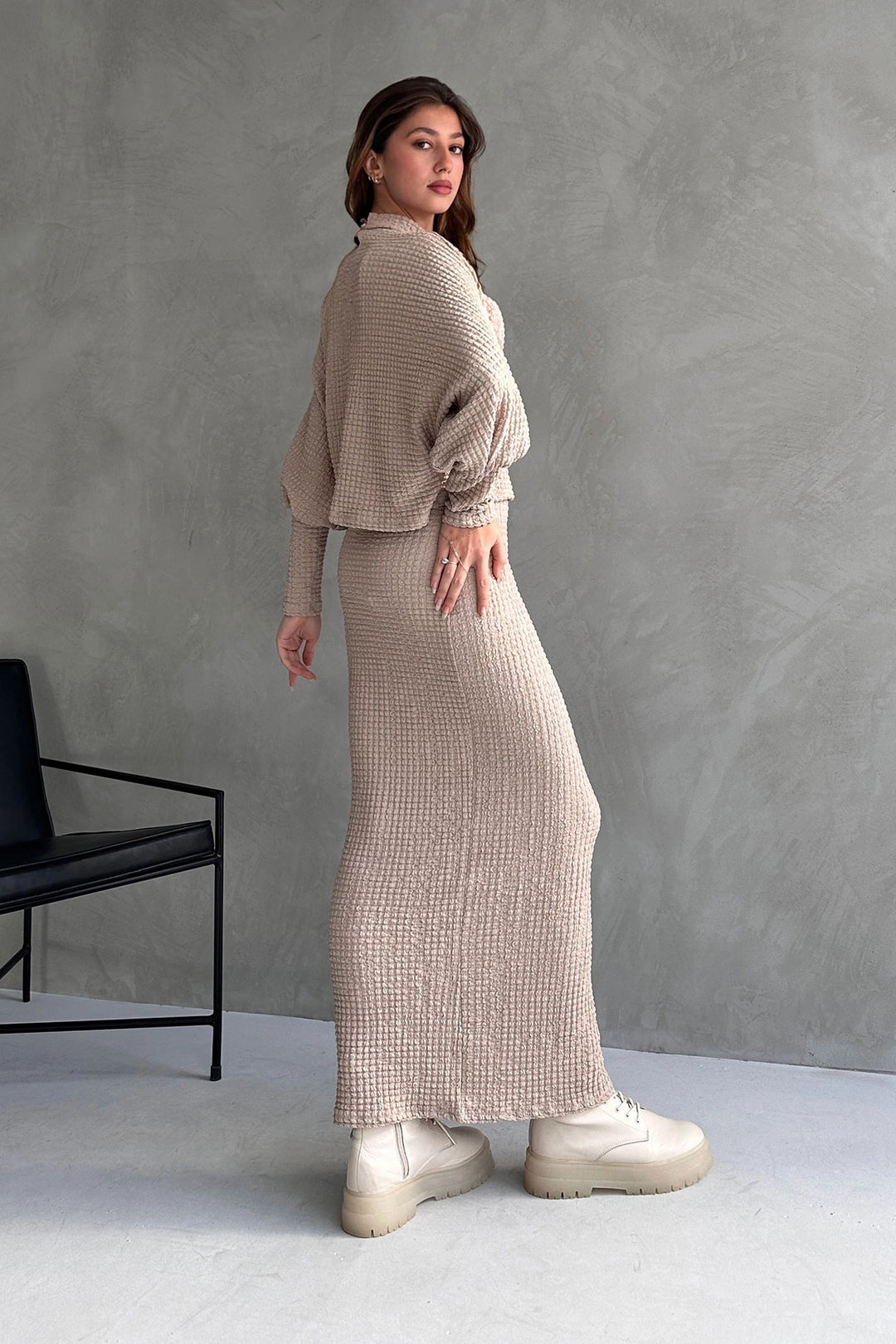 Beige Textured Slit Detailed Skirt and Blouse 2 Piece Set BCDF-242121 - Nocera Inferiore