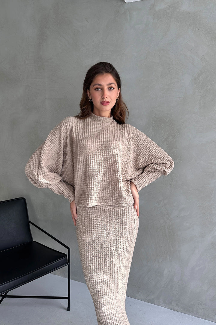 Beige Textured Slit Detailed Skirt and Blouse 2 Piece Set BCDF-242121 - Nocera Inferiore