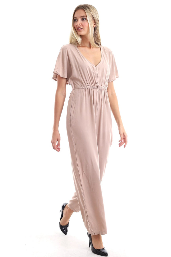 Beige Woven Viscose Open Shoulder Jumpsuit CO-2520333098 - Woburn