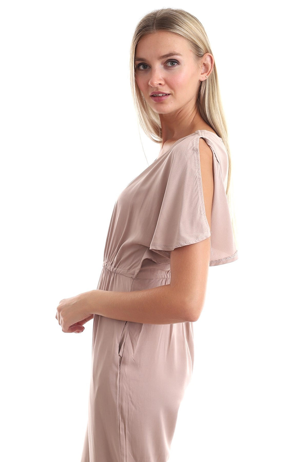 Beige Woven Viscose Open Shoulder Jumpsuit CO-2520333098 - Woburn