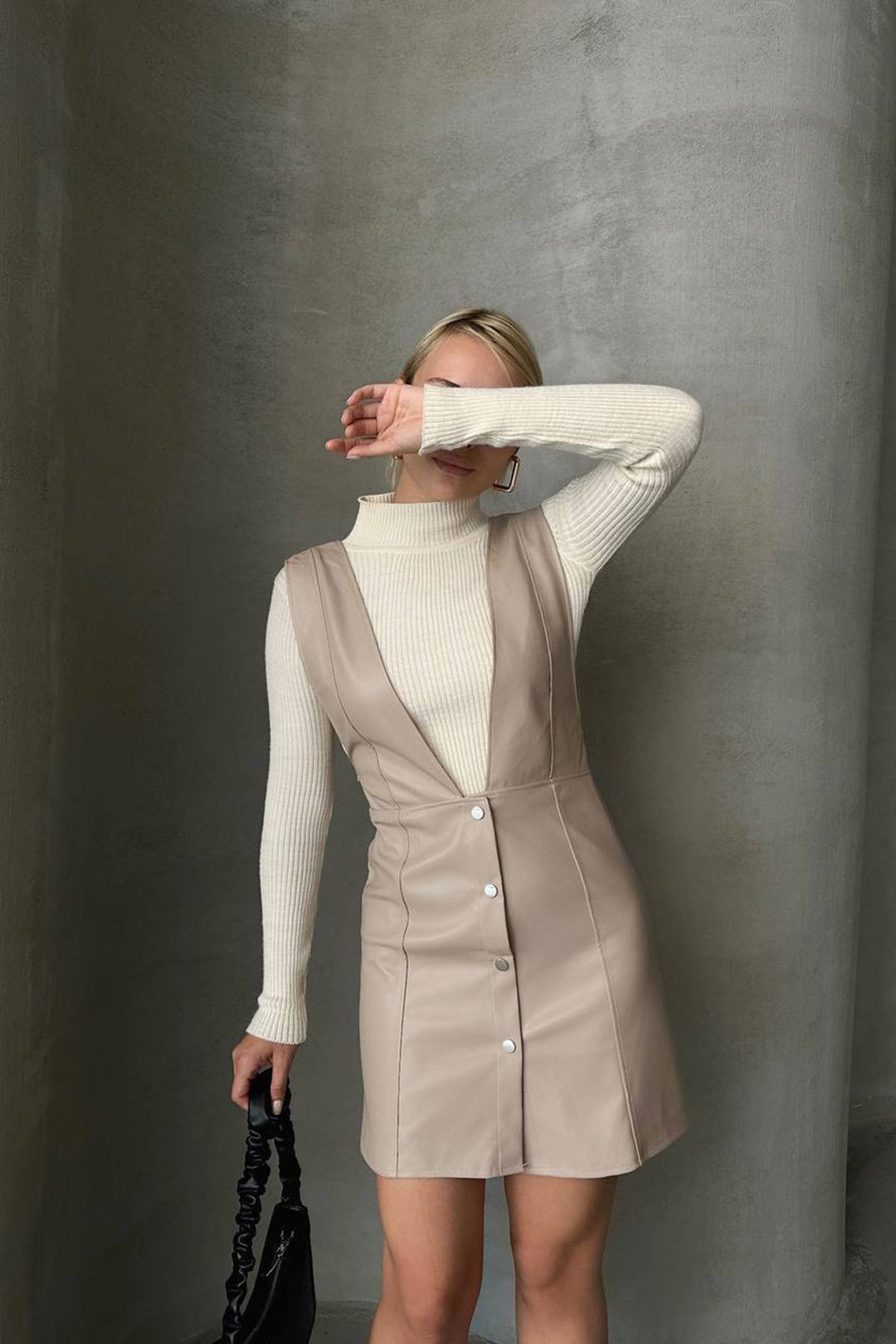 Beige Button Detailed Faux Leather Blazer Dress BCHN-2526796 - Rimouski