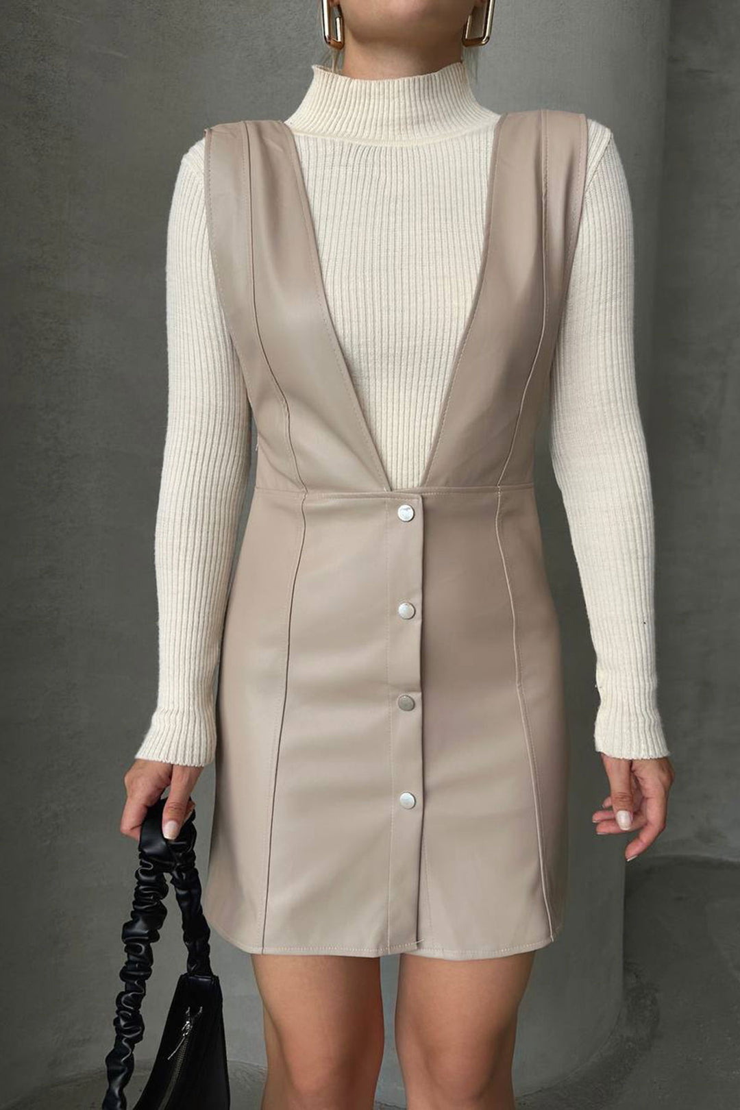 Beige Button Detailed Faux Leather Blazer Dress BCHN-2526796 - Rimouski