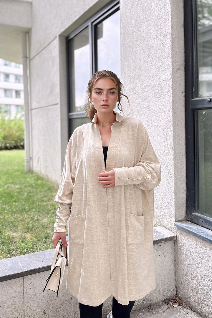 Beige Button Detailed Slit Soft Textured Long Cardigan BCBSK-25700-3442 - Tamuín