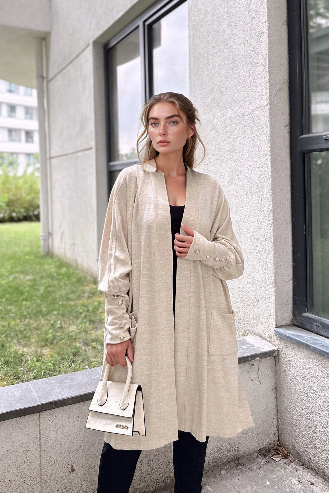 Beige Button Detailed Slit Soft Textured Long Cardigan BCBSK-25700-3442 - Tamuín