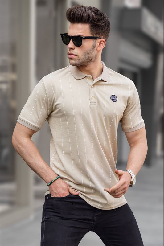 MDX Beige Striped Polo Shirt with Button 5879 - Naperville