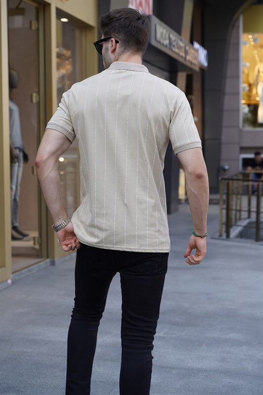 MDX Beige Striped Polo Shirt with Button 5879 - Naperville