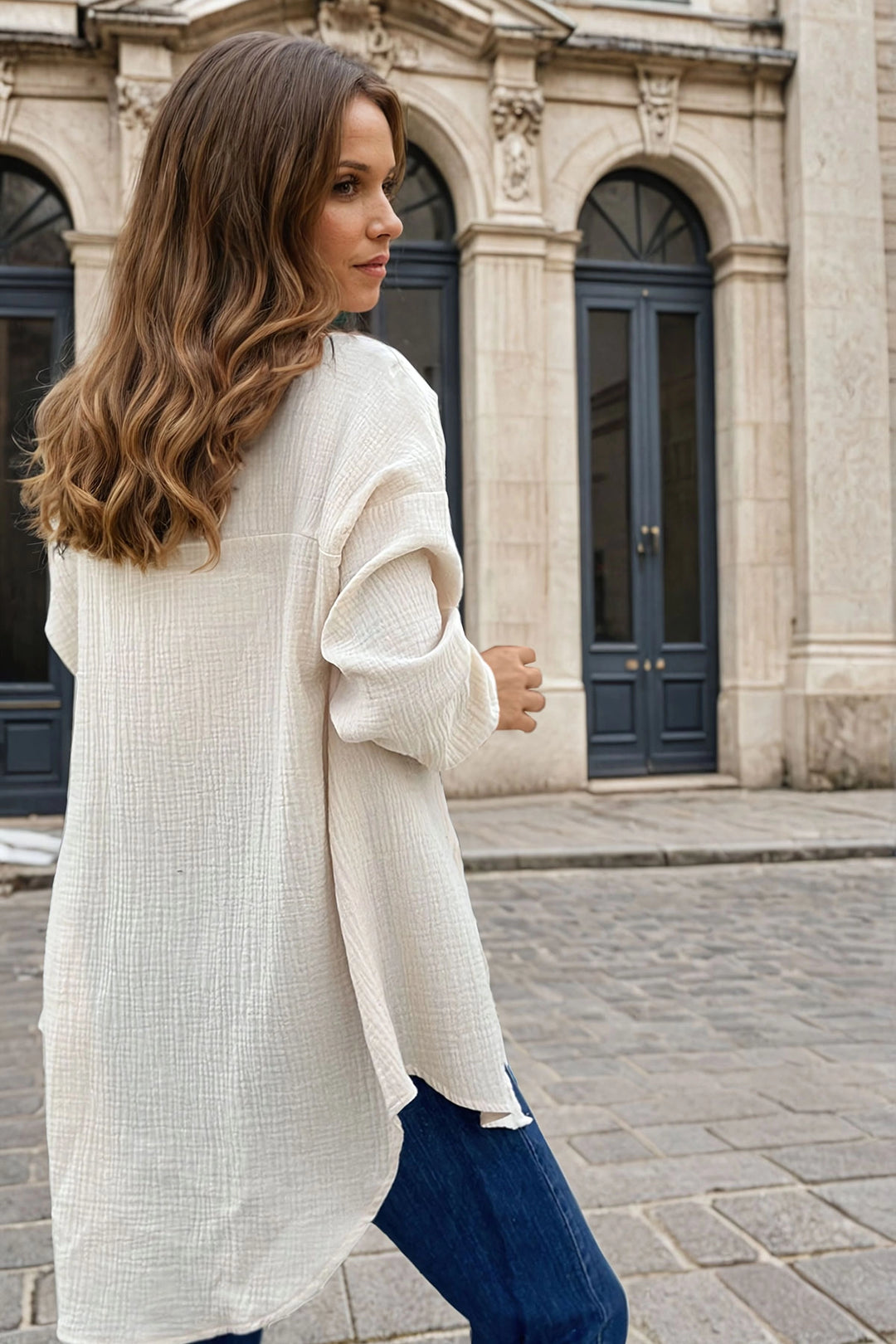 Beige Buttoned Oversized Long Sleeve Shirt BCBSK-25700-3443 - Urbana