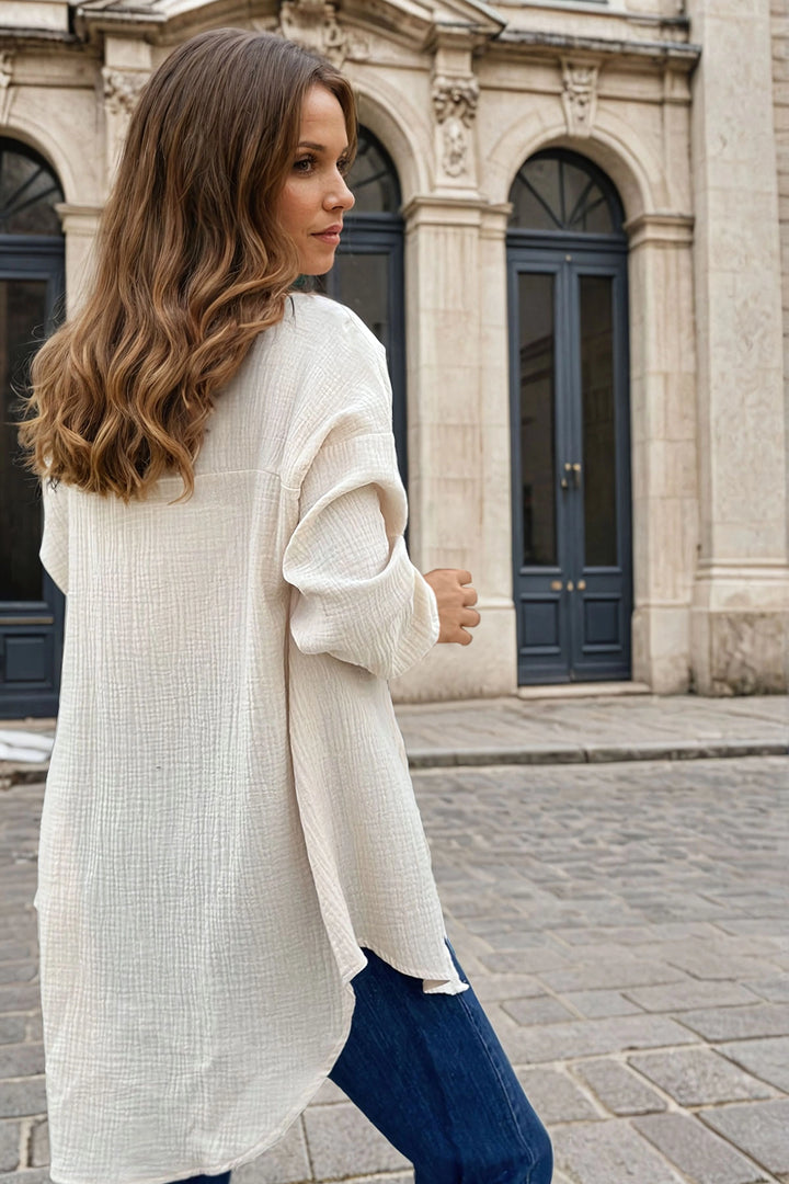 Beige Buttoned Oversized Long Sleeve Shirt BCBSK-25700-3443 - Urbana